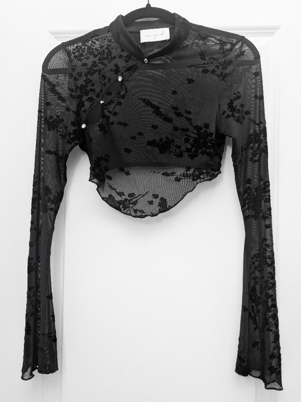 Sheer Black Shrug w/ Floral Print, Mandarin Collar - Asian, Gothic, Boho, Witchy